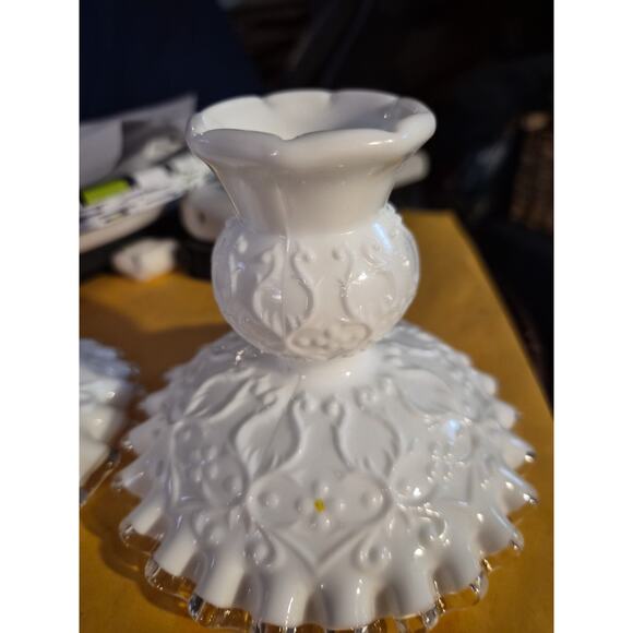 Fenton Other - Vintage Fenton Spanish Lace Silver Milk Glass Candlestick With Ruffled Edge And